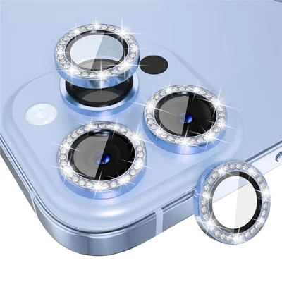 ENKAY HAT PRINCE 1 Set For iPhone 15 Pro / 15 Pro Max Camera Lens Protector Rhinestone Decor Rear Lens Film - Baby Blue
