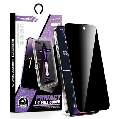 YONGPOLY For iPhone 13 Pro Max / 14 Plus Screen Protector Silk Printing Anti-Spy Tempered Glass Film with Dust-Proof Net