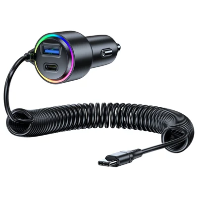 T26 45W+30W USB+Type-C snabbuppladdningsadapter för bil med PD 30W Type-C fjäderkabel (CE-certifierad)