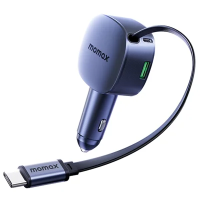 MOMAX 60W Car Charger USB-C + USB-A Fast Charging Adapter with Retractable USB-C Cable - Dark Grey