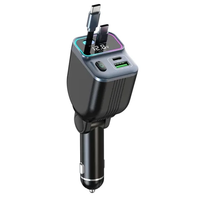 GC15 Real Time Voltage Monitor Fast Charging Car Charger with Dual Retractable Type C Cables
