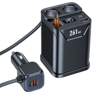 261W Car Charger Dual Cigarette Lighter Socket For 7 Devices PD Fast Charging with Retractable Type-C Cable