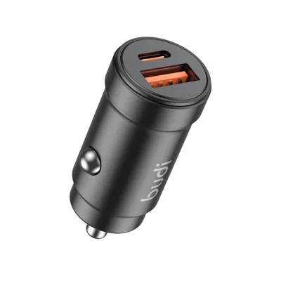 BUDI CC602B Mini biloplader 48W hurtig opladning USB A + USB C dobbelt port tændstiksadapter