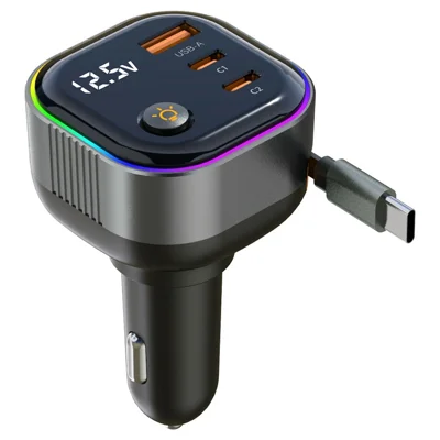 GE03 Voltage Display Biluppladdare med Utvikbar Kabel och Ambientbelysning PD 65W Snabbladdningsadapter