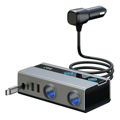 GE06 Voltage Display 120W Car Cigarette Lighter Splitter Adapter with PD 65W Fast Charging Retractable Cable