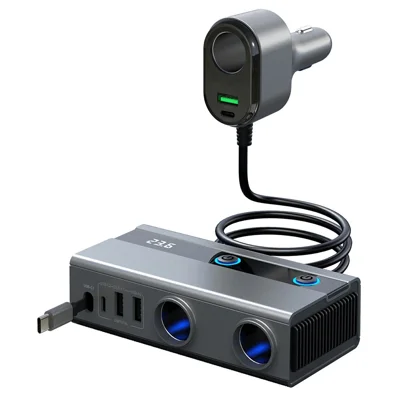 GE08 PD 65W Fast Charging Car Charger 9 in 1 Cigarette Lighter Adapter with Independent Switch and Retractable Cable
