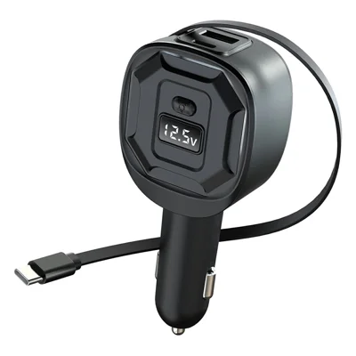 GE10 Voltage Display Car Charger with Retractable Cable PD 65W Fast Charging Adapter Temperature Control Protection - Black