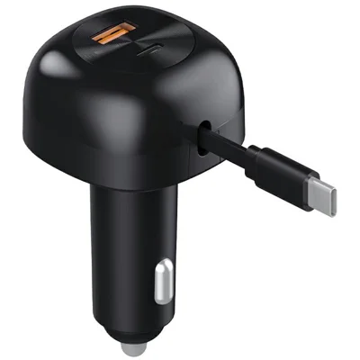 K10 Car Charger with Retractable Cable Type-C + USB-A PD 20W QC 3.0 Fast Charging Cigarette Lighter - Black