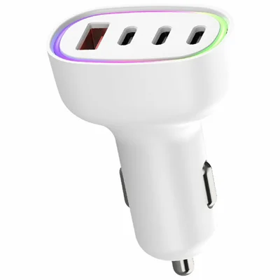 Indkøb i bulk 101W biloplader med 3 Type-C og 1 USB-A, hurtig opladning med flere porte og RGB LED-lys - Hvid