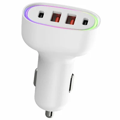 Storpartskøb 101W biloplader med 2 USB-A og 2 USB-C porte, PD3.0 QC3.0 hurtigopladeradapter til køretøjer – Hvid