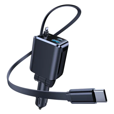 4-in-1 48W Car Charger with 70cm Retractable Type-C iP (5-14) Cable PD 30W Fast Charging Adapter for Phone Tablet - Black