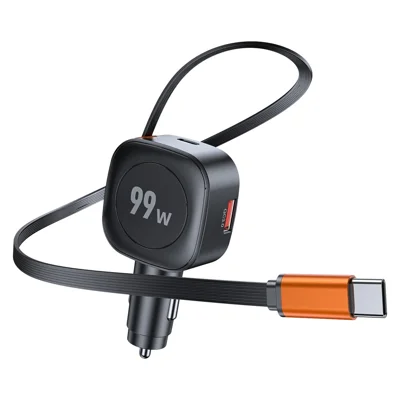 99W Car Charger with 70cm Retractable Cable 3 Ports USB-C USB-A PD 45W Fast Charging Adapter for Phone Tablet - Black