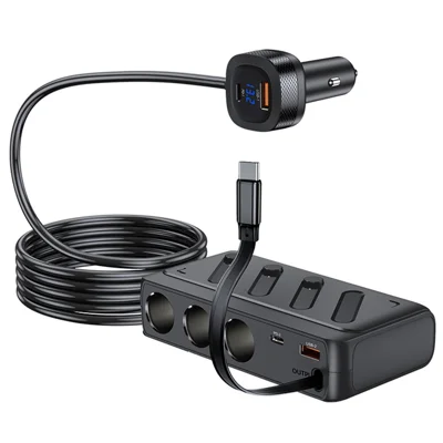 C29S 187W Car Socket Adapter 8-in-1 Splitter 3 Outlets PD45W QC3.0 Independent Switch Car Charger - Black