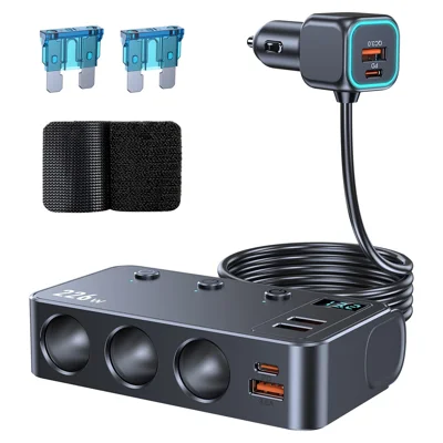 C33 226W Car Charger Adapter with 3 Inch Cable 9-in-1 Cigarette Lighter Splitter Hub PD QC3.0 Fast Charging Adapter - Black