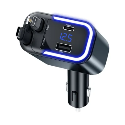 036 180W biluppladdare 4-portars snabbladdning LED-display och tändsticksadapter med inbyggd utdragskabel Typ-C och iP (5-14)