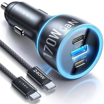LISEN 170W 3-Ports Chargeur Voiture GaN USB-C PD3.1 140W QC 30W Adaptateur de Charge avec Câble de Charge 240W - Gris
