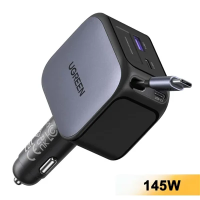 شاحن سيارة سريع UGREEN 55910 بمنفذ USB-A و 2 منفذ USB-C بقدرة 100 واط مع كابل USB-C قابل للسحب بقدرة 60 واط لجهاز iPhone و iPad و MacBook