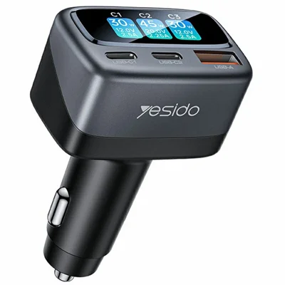 YESIDO Y75 شاحن سيارة سريع بقدرة 45 واط بشاشة TFT و3 منافذ مع منفذ USB-A و2 منفذ USB-C - أسود