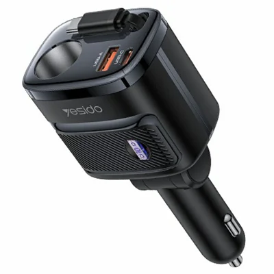 YESIDO Y76 Autoladegerät mit 120W Zigarettenanzünderanschluss 60cm einziehbarem USB-C Kabel - Schwarz