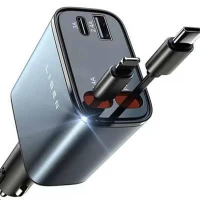 LISEN B104 4-in-1 Fast Charging Car Charger, 80cm Retractable USB-C and iP Cables, Aluminum Alloy + ABS