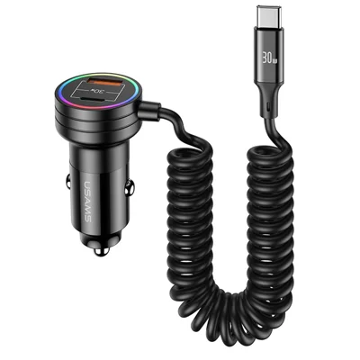 USAMS US-CC167 C33 60W USB+Type-C Dubbele Poort Autolader met Veerkabel en Omgevingsverlichting