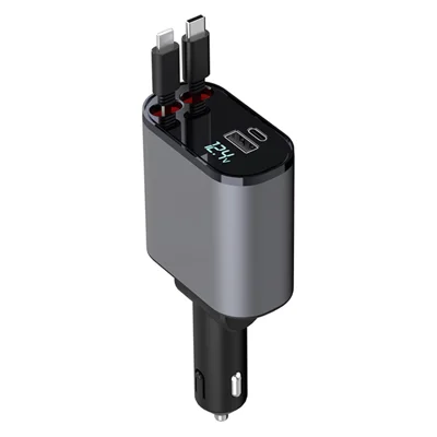 X16 100W Super Fast Charging Car Charger 180-Degree Rotating Adapter with Retractable Type-C / iP Cable