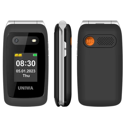 UNIWA V202T 4G Dual SIM Flip Phone for Seniors Dual Screens Basic Cell Phone with SOS Button Wireless FM Radio - Black / Language Pack 1