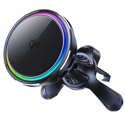 S21Pro 25W Qi 2.2 Wireless Car Charger Semiconductor Cooling Air Vent Clip Magnetic Phone Mount with RGB Light - Black