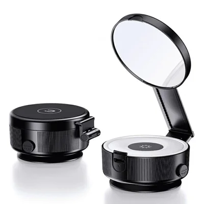 X99 3-in-1 Phone Stand with LED Fill Light & Makeup Mirror Foldable Car Mount Vacuum Suction Cup Holder - Black