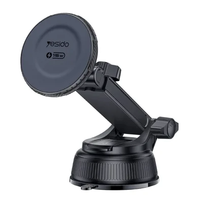 YESIDO C321 Uchwyt ssący 15 W bezprzewodowa ładowarka samochodowa magnetyczny uchwyt na telefon z obrotem 360° - Czarny