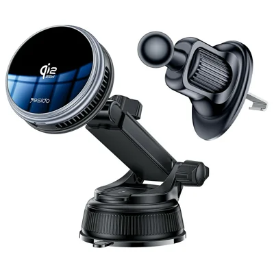 YESIDO C326 Qi2 25W Magnetic Wireless Car Charger Cooling Mount with Suction Cup and Air Vent Clip - Black