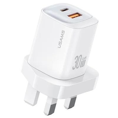 USAMS CC256 30W Dual Port GaN Charger Type-C + USB-A Fast Charging Adapter, UK Plug - White