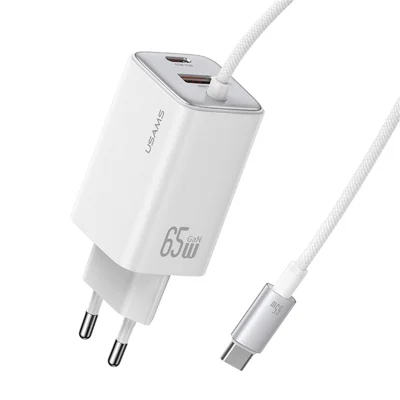 USAMS CC266 65W Wall Charger Fast Charging 3 Ports GaN Power Adapter with Built-in Cable, EU Plug - White