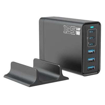 Ładowarka biurkowa GaN 135 W, 3C+3A, 6 portów wyjściowych, port USB-C 65 W, stacja ładowania dla telefonów i tabletów — Czarny / Wtyk amerykański