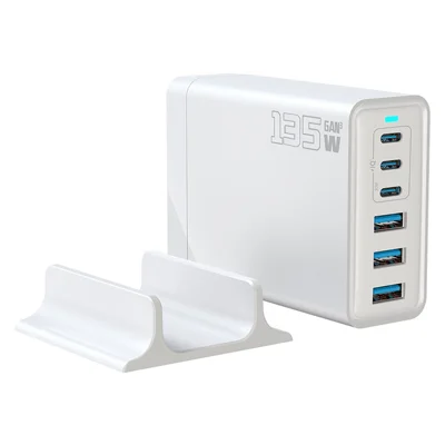 135W GaN Desktop Charger 3C+3A 6 Port Output 65W Single Type-C Port Charging Station for Phones Tablets - White / EU Plug