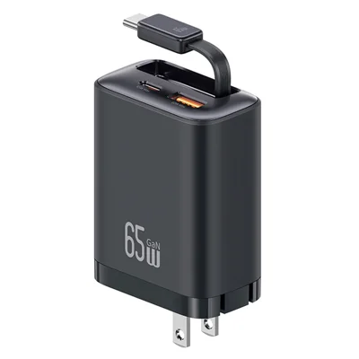 USAMS CC300 US Plug 65W Fast Charger Type-C + USB-A Power Adapter with Type-C Retractable Cable - Black