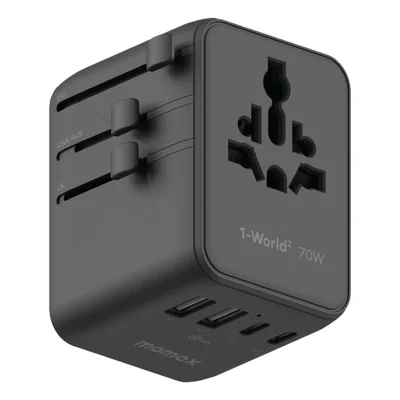 MOMAX 1-World 2 Dual AC Mini GaN Global Travel Adapter 70W Universal Power Converter Charger - Black