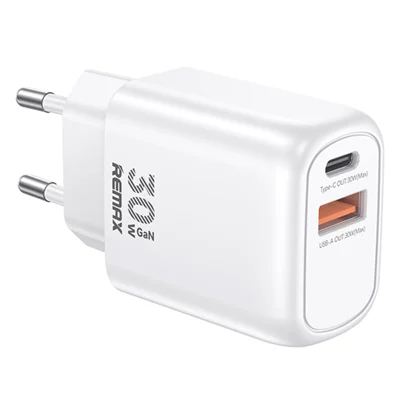REMAX RP-U18 Kings Series 30W USB-A + USB-C GaN Travel Adapter PD Fast Charging Phones Wall Charger - EU Plug