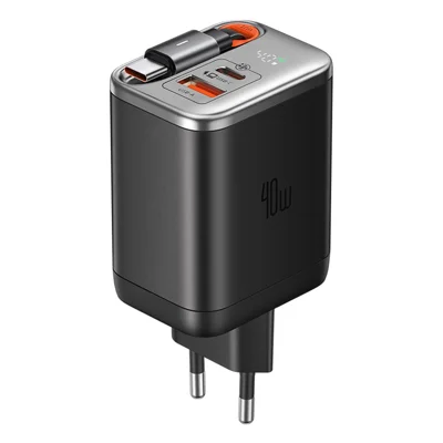 MCDODO CH-4281 40W GaN Charger with Retractable Cable Fast Charging USB-C / USB-A Charger Block - EU Plug - Black