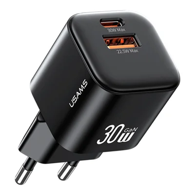 USAMS CC263 30W GaN Charger Dual Port USB-C + USB-A Fast Charging Mini Adapter for Travel / Home Use
