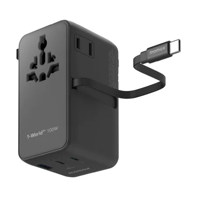MOMAX 1-World 2 GaN Global Travel Adapter 100W International Wall Charger with Built-In Cable - Black