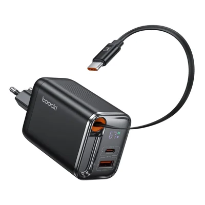 TOOCKI TCT67-34B1 67W Hurtiglader Digital Display USB-A USB-C Port Strømforsyning med Indtrækkelig USB-C Kabel