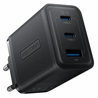 VENTION FER Series 65W Fast Charging GaN Charger USB A + 2 Type C 3 Ports Power Adapter, EU Plug - Black