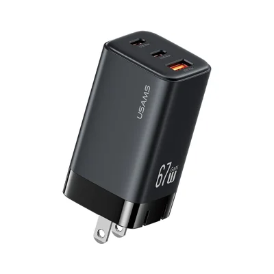 USAMS CC272 67W GaN 3-Port Fast Charger USB + 2 Type-C Phone Tablet Laptop Power Adapter, US Plug - Black