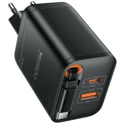 YESIDO YC99 EU Plug 40W Fast Charger with Retractable Type C Cable USB A + USB C Dual Ports GaN Charging Adapter