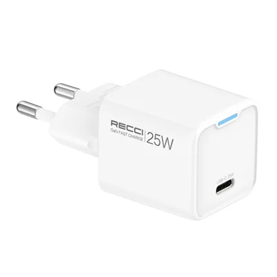 RECCI RC106E Portable EU Plug GaN PD 25W USB-C Wall Charger with Type C to Type C Fast Charging Cable