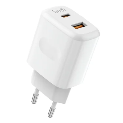 BUDI AC306EW Chargeur de voyage 20W USB-C PD + QC3.0 Chargeur mural à double port de charge rapide, prise EU