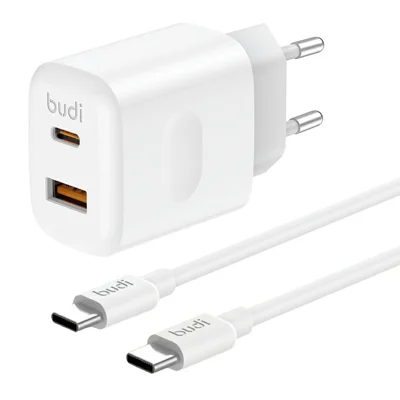 BUDI AC306ETTW 30 W rejseophænger USB-A + Type-C porte strømforsyningssæt med 1,2 m 65 W USB-C kabel, EU stik