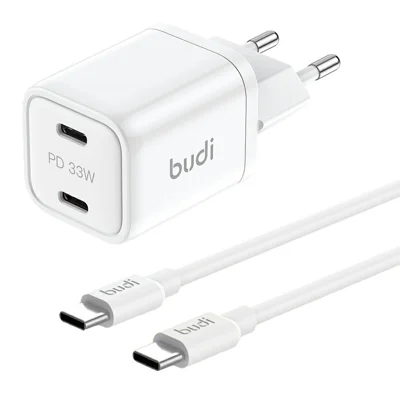 BUDI AC016RETTW 33W Dual USB-C Mini GaN væglader rejsesæt med 1,2 m 65W USB-C kabel, EU-stik