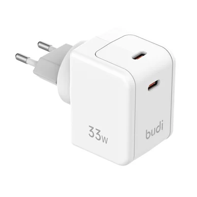 BUDI AC351EW Dual USB-C PD Wandladegerät 33W Schnellladung Reiseadapter, EU-Stecker